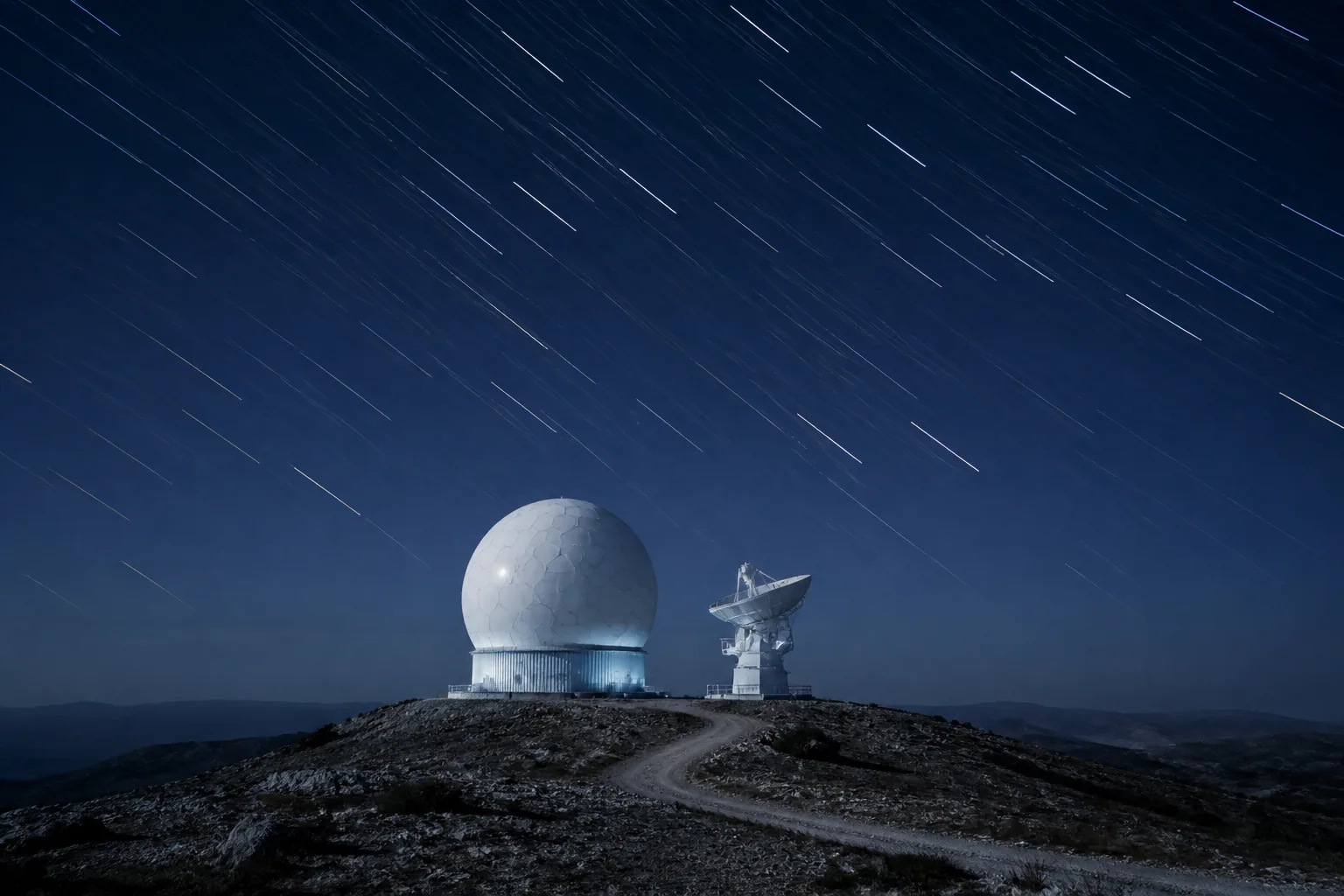 A large white radar dome and steerable tracking antenna on a bare hilltop, floodlit at night (AI-generated image)