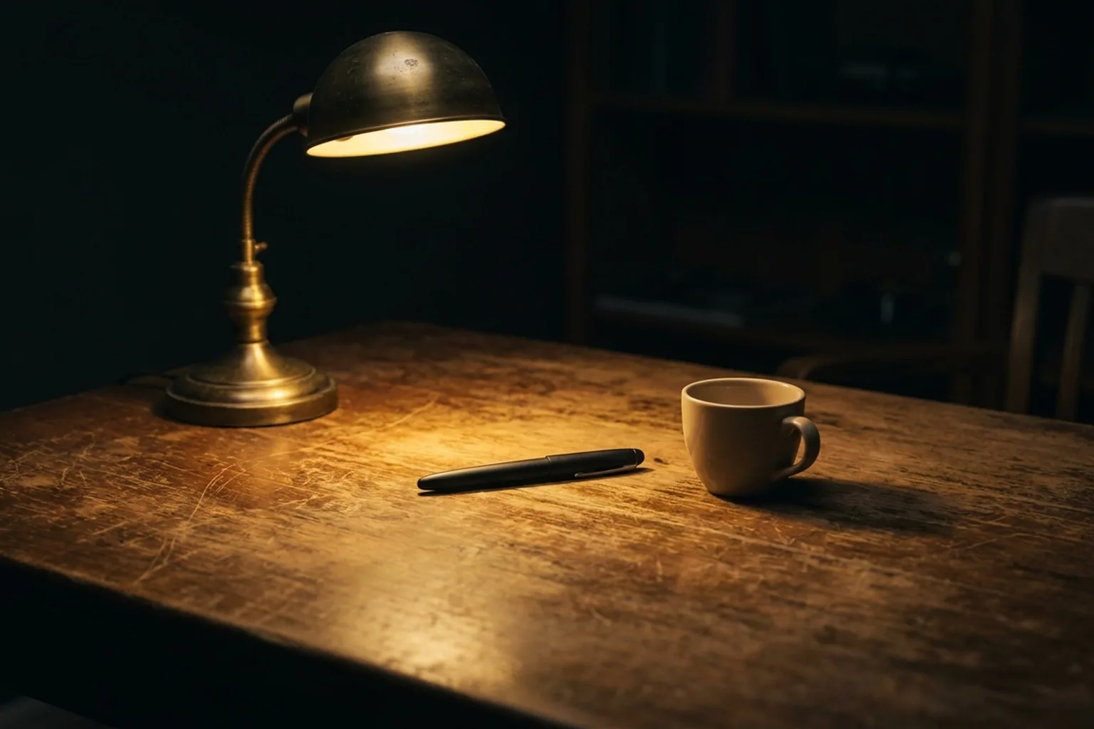 A warm-lit antique brass desk lamp, black pen, and light mug on a dark, scratched wooden desk in a dim room (AI-generated image)