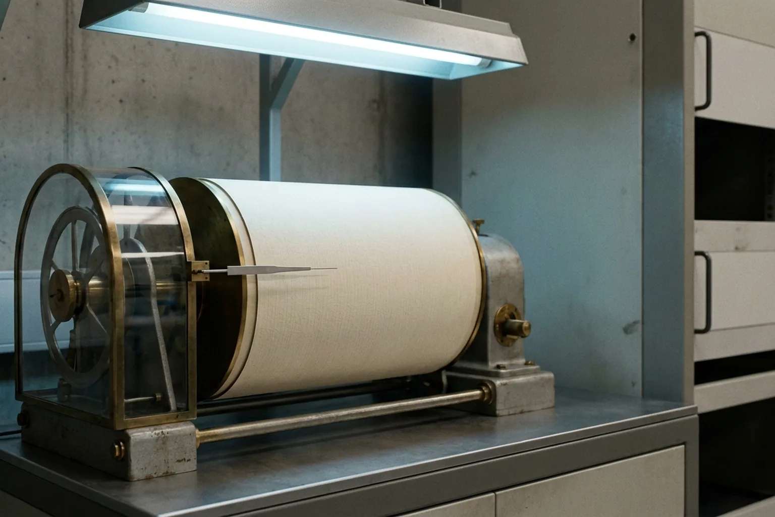 A vintage recording device featuring a large white paper-covered drum and stylus point on a grey metal counter (AI-generated image)