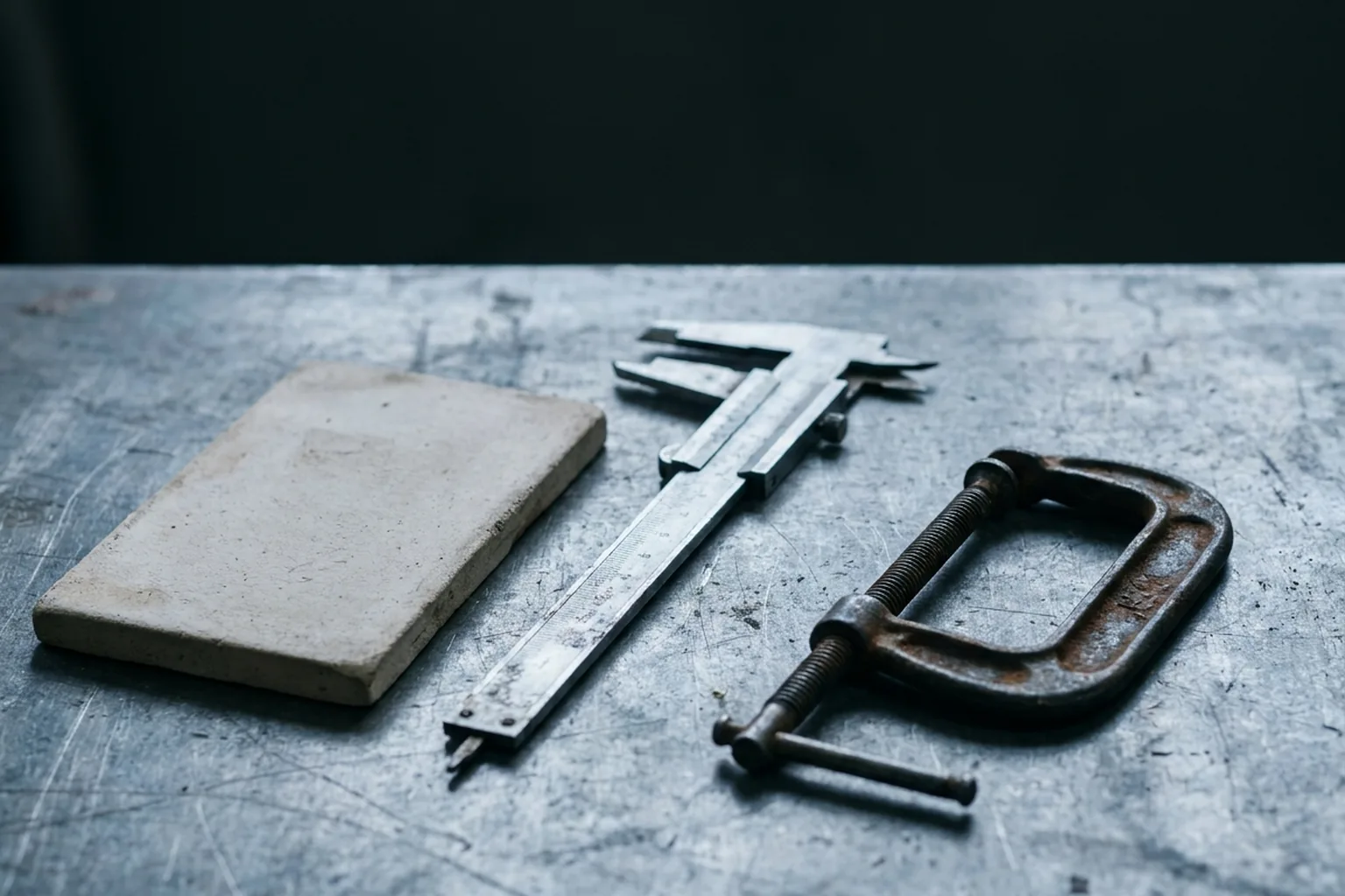 A light grey block, silver metal caliper, and rusty C-clamp arranged on a scratched metal surface (AI-generated image)