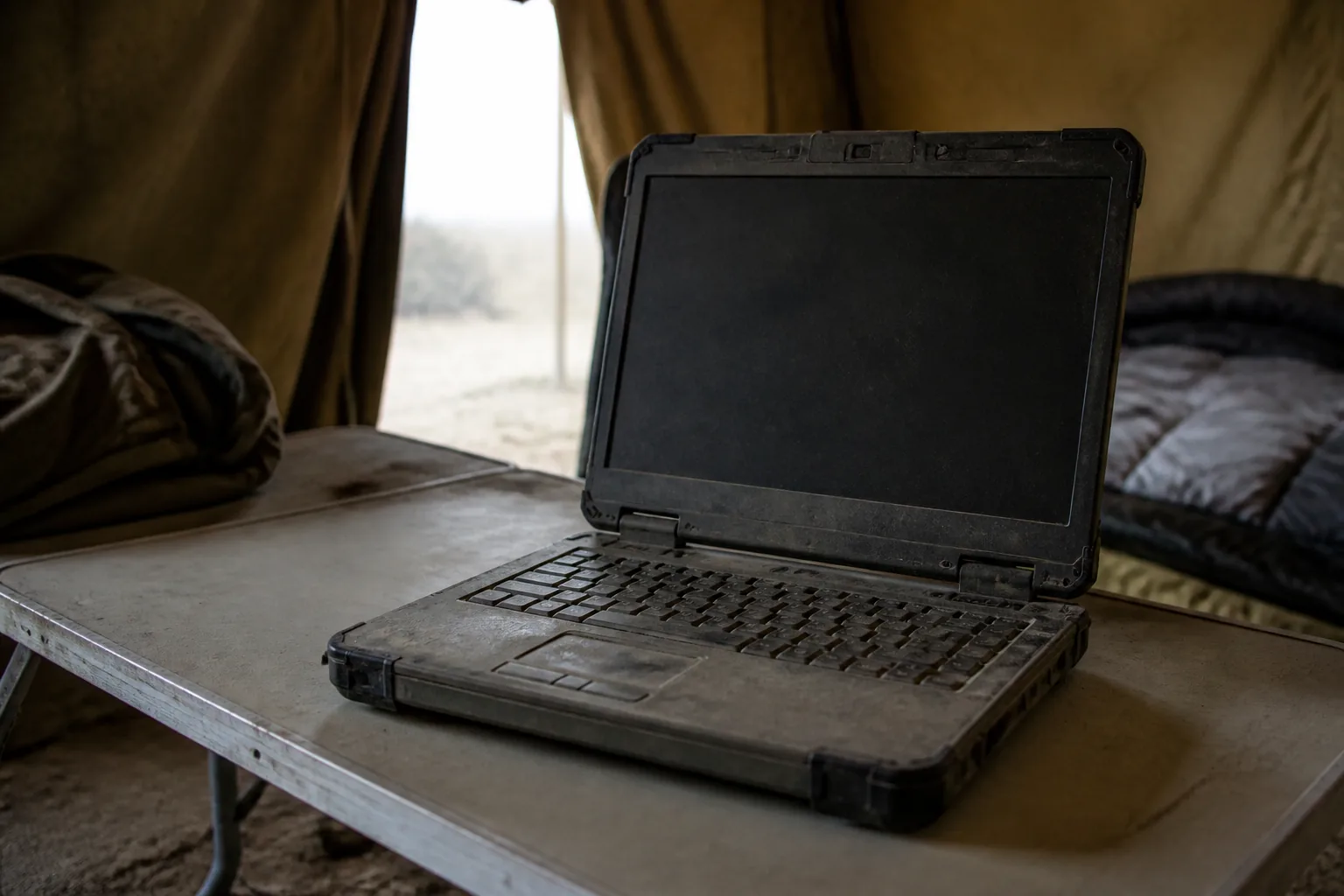 A battered laptop open on a folding camp table inside a canvas tent, harsh light through the opening (AI-generated image)