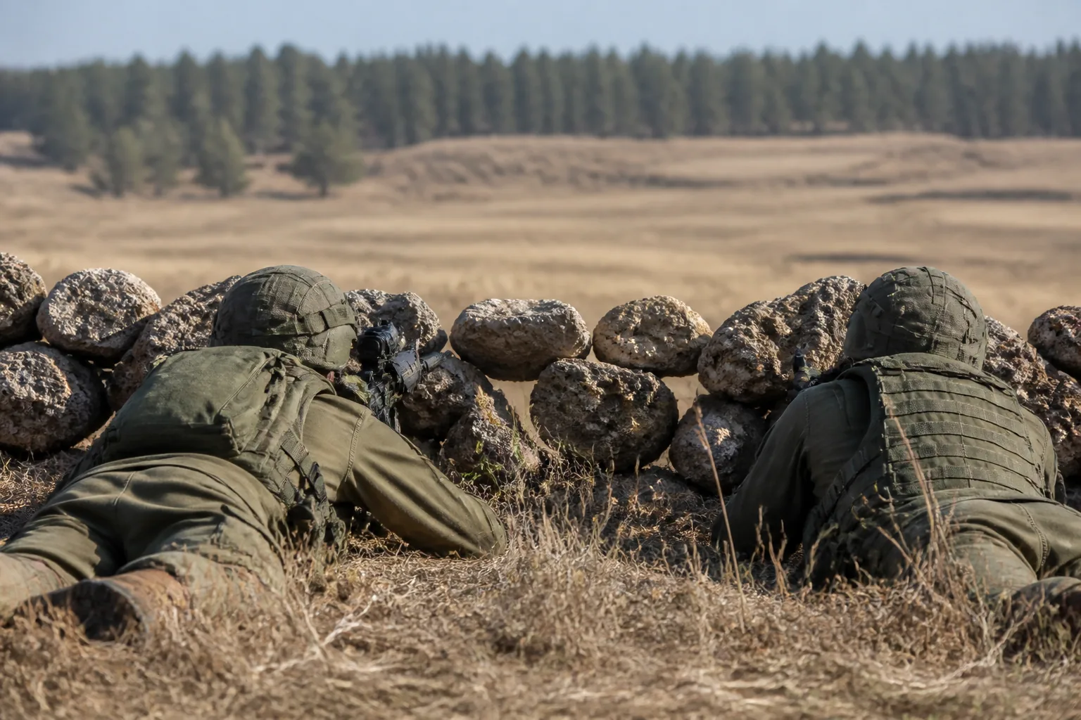Two soldiers prone behind a low stone wall, weapons pointed toward a distant treeline across an open field (AI-generated image)
