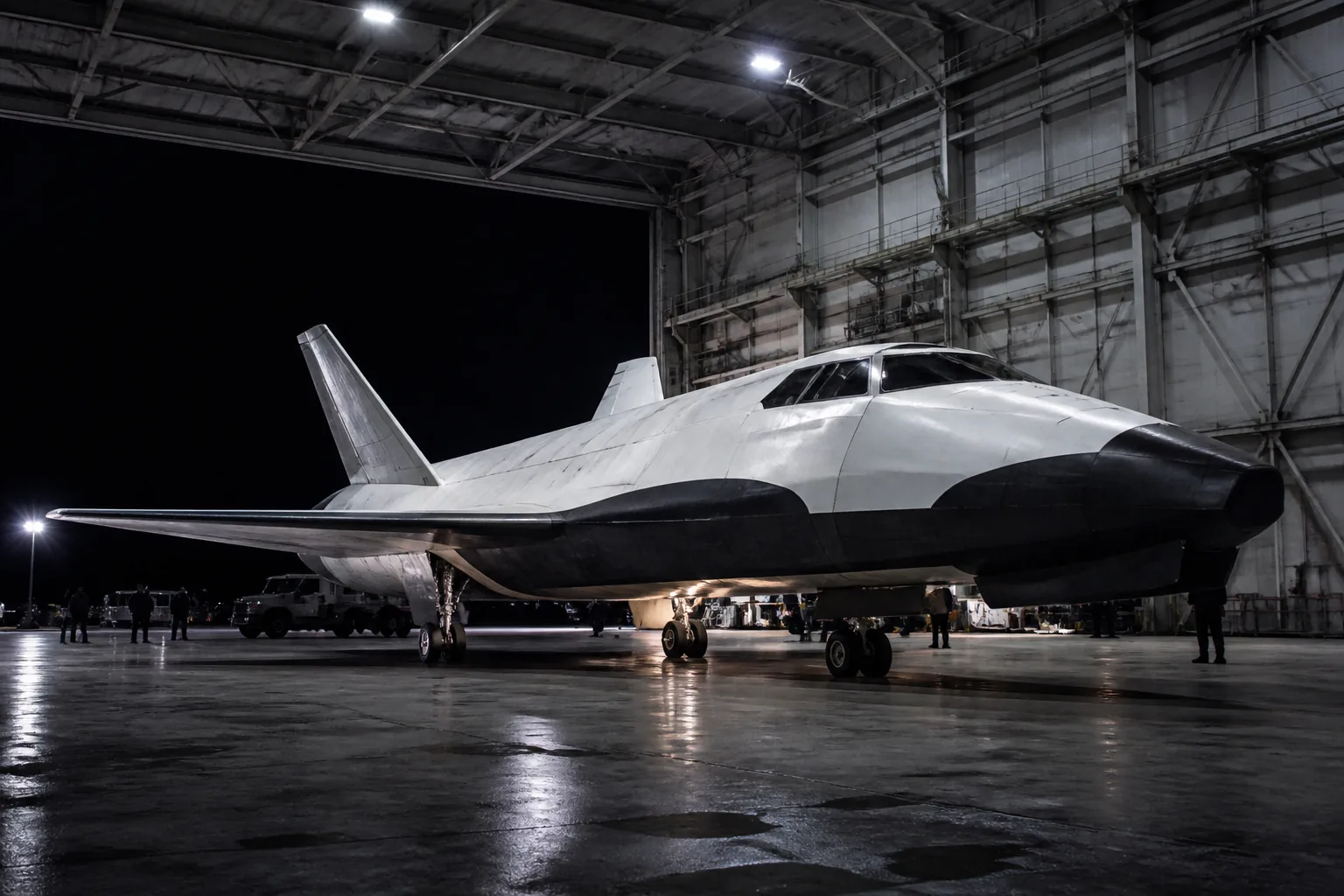 A sleek experimental spaceplane on a hangar floor at night, floodlit from above (AI-generated image)