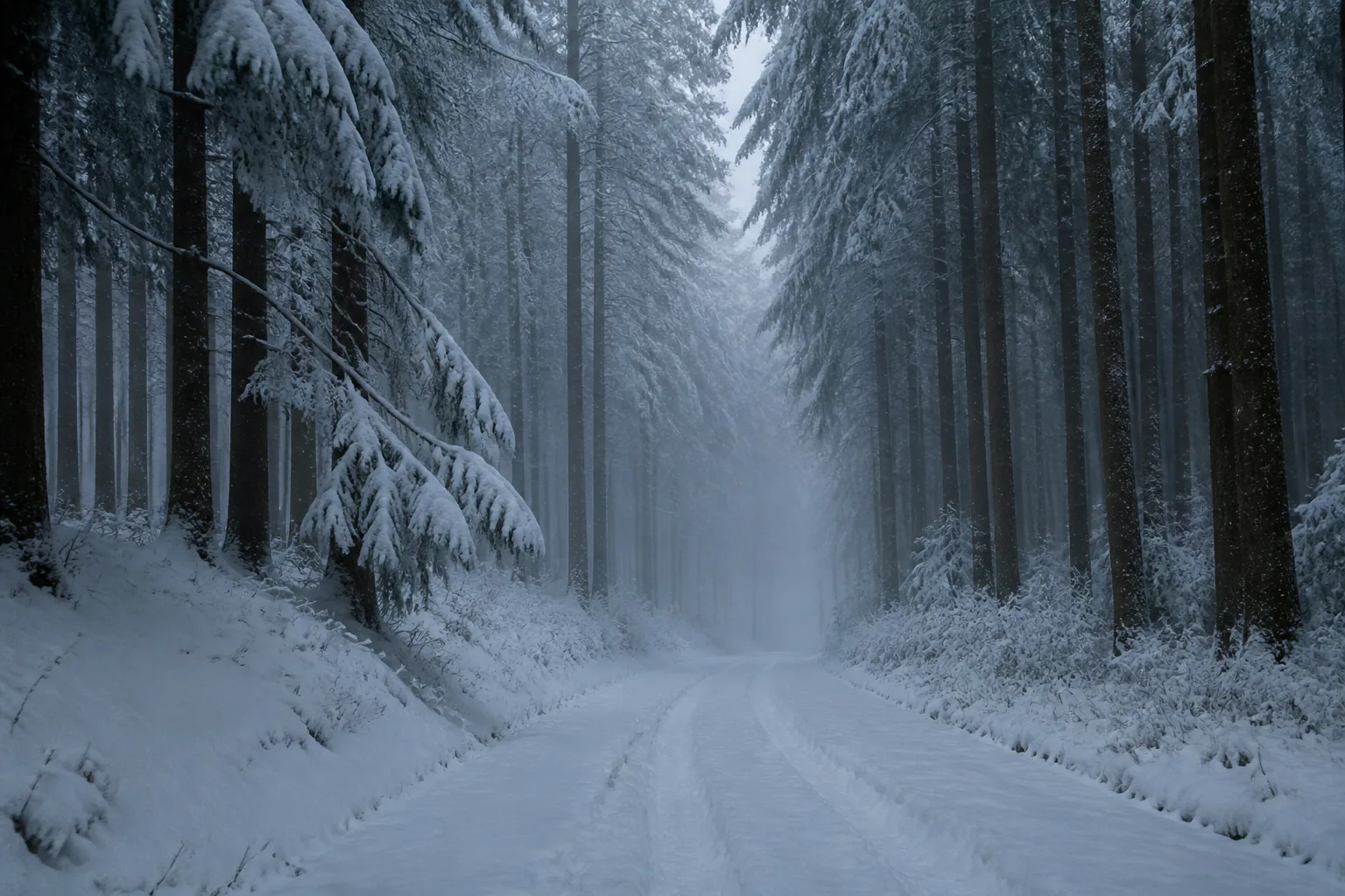 A dense conifer forest under deep snow with a narrow logging road between the trunks (AI-generated image)