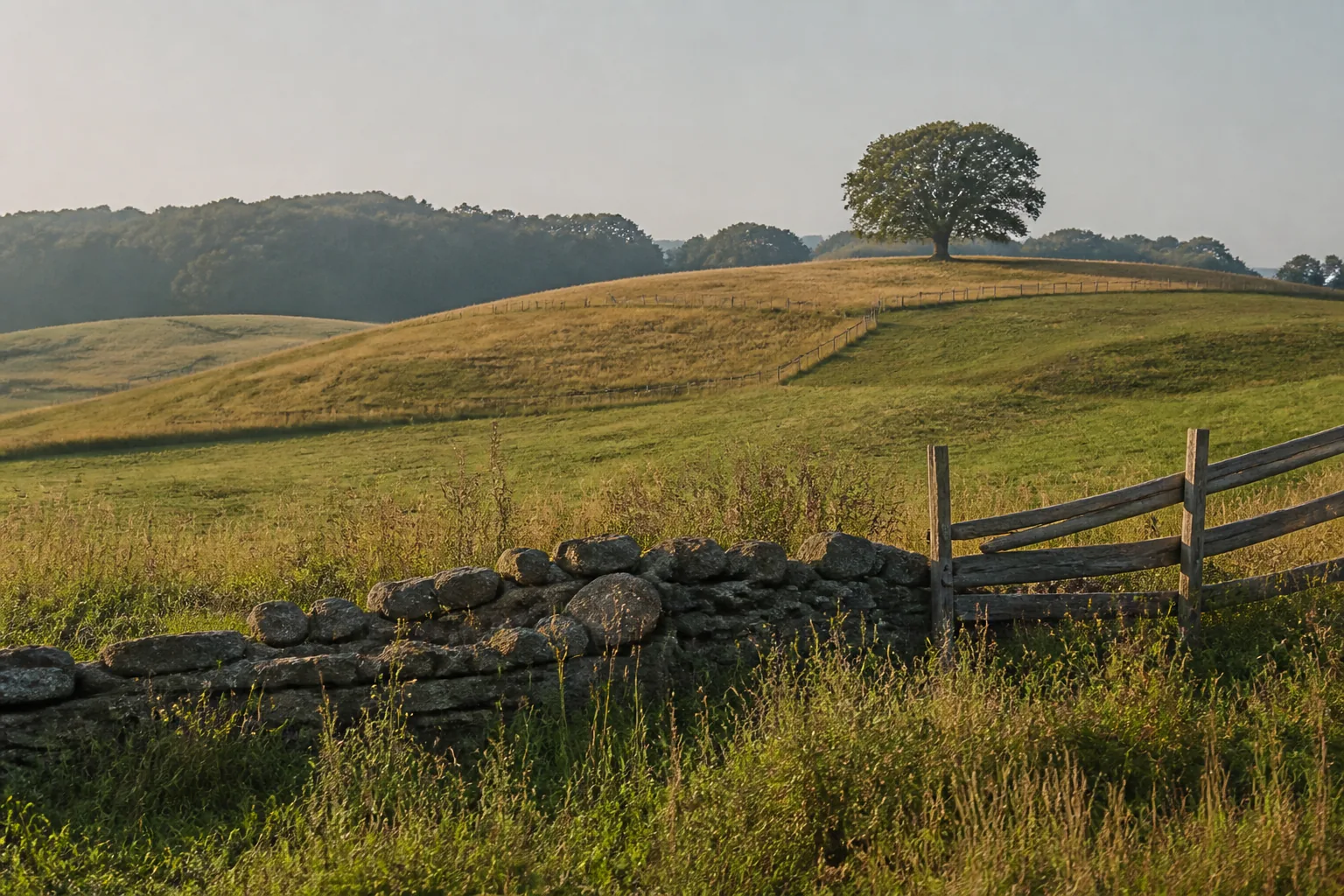 Rolling farmland with a low dry-stone wall, a split-rail fence and a lone oak on a ridge (AI-generated image)