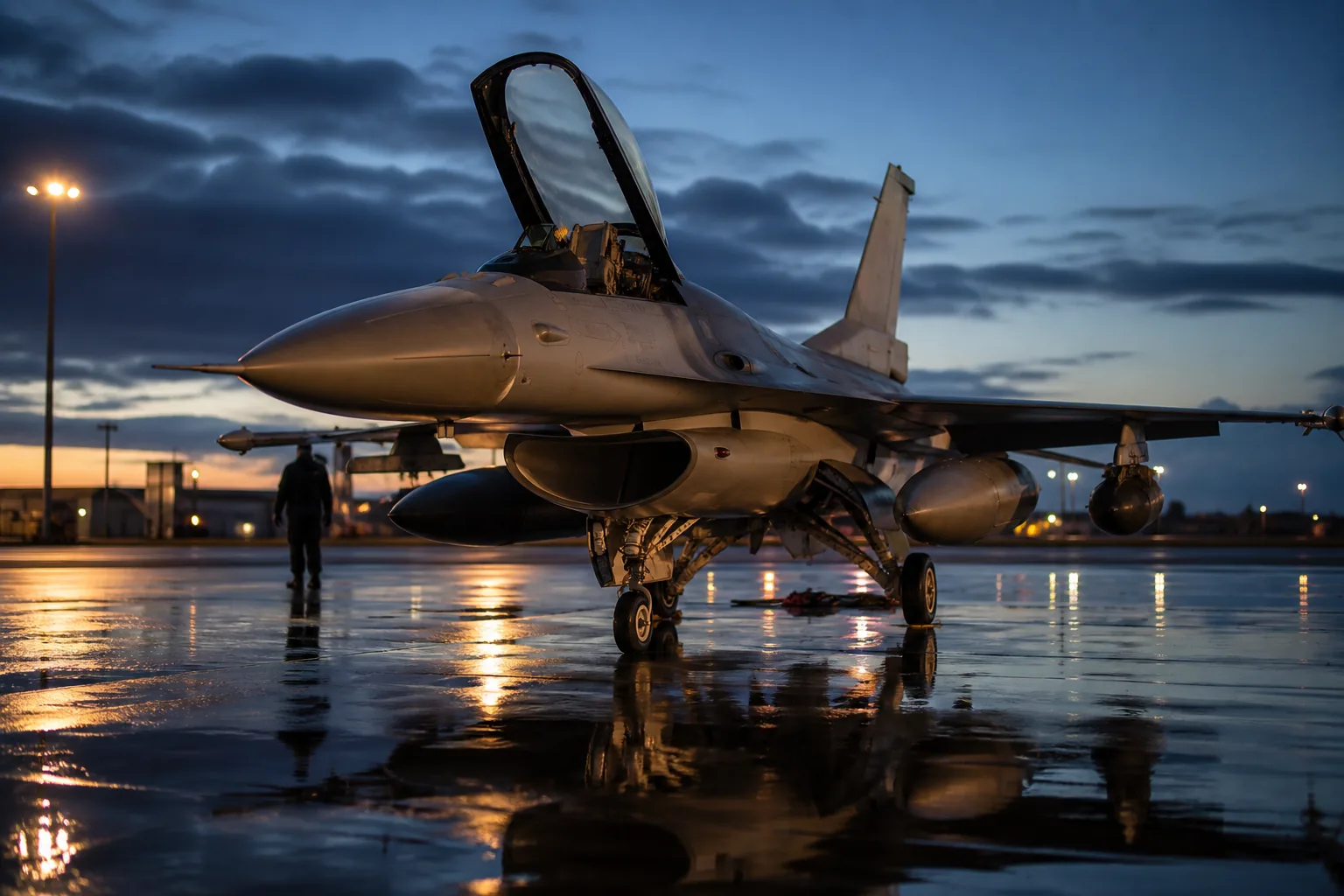 A grey fighter jet parked on a wet flightline at dusk, canopy open, reflections in standing water (AI-generated image)