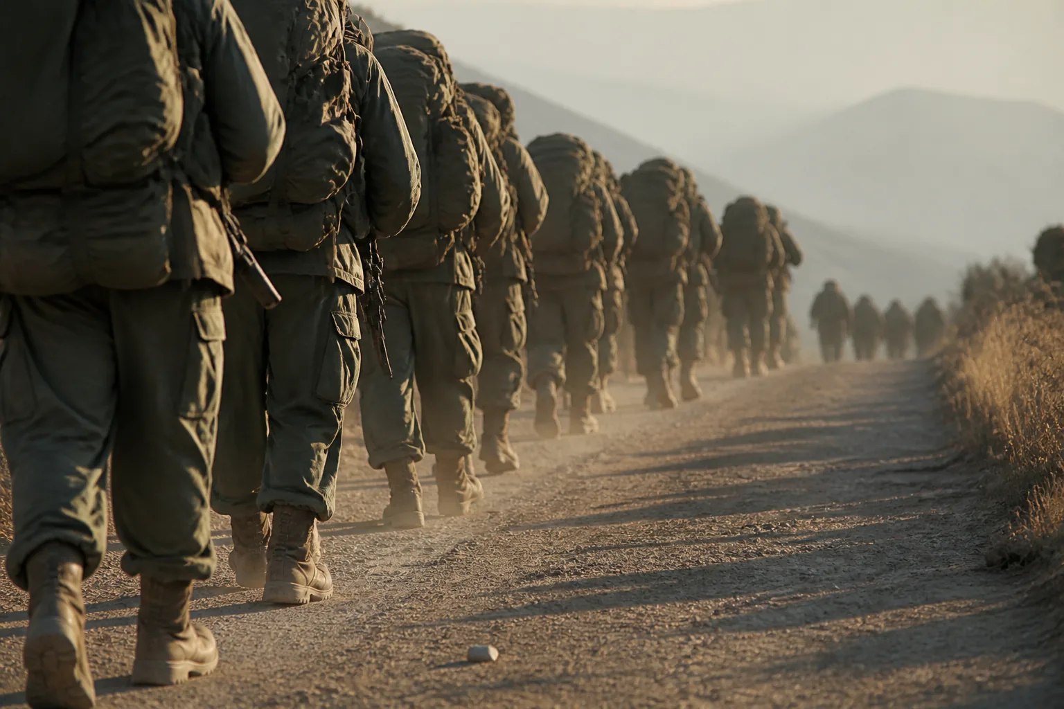A column of soldiers with rucksacks marching along a dirt road at first light, seen from the side (AI-generated image)