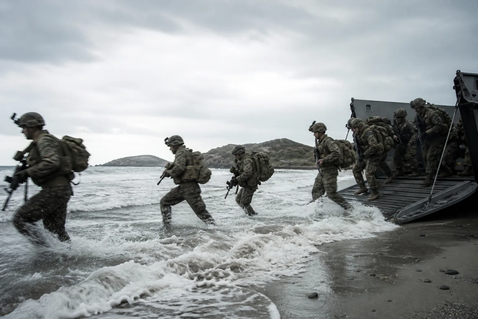 Marines in full kit wading through shallow surf from a landing craft ramp onto a grey sand beach (AI-generated image)