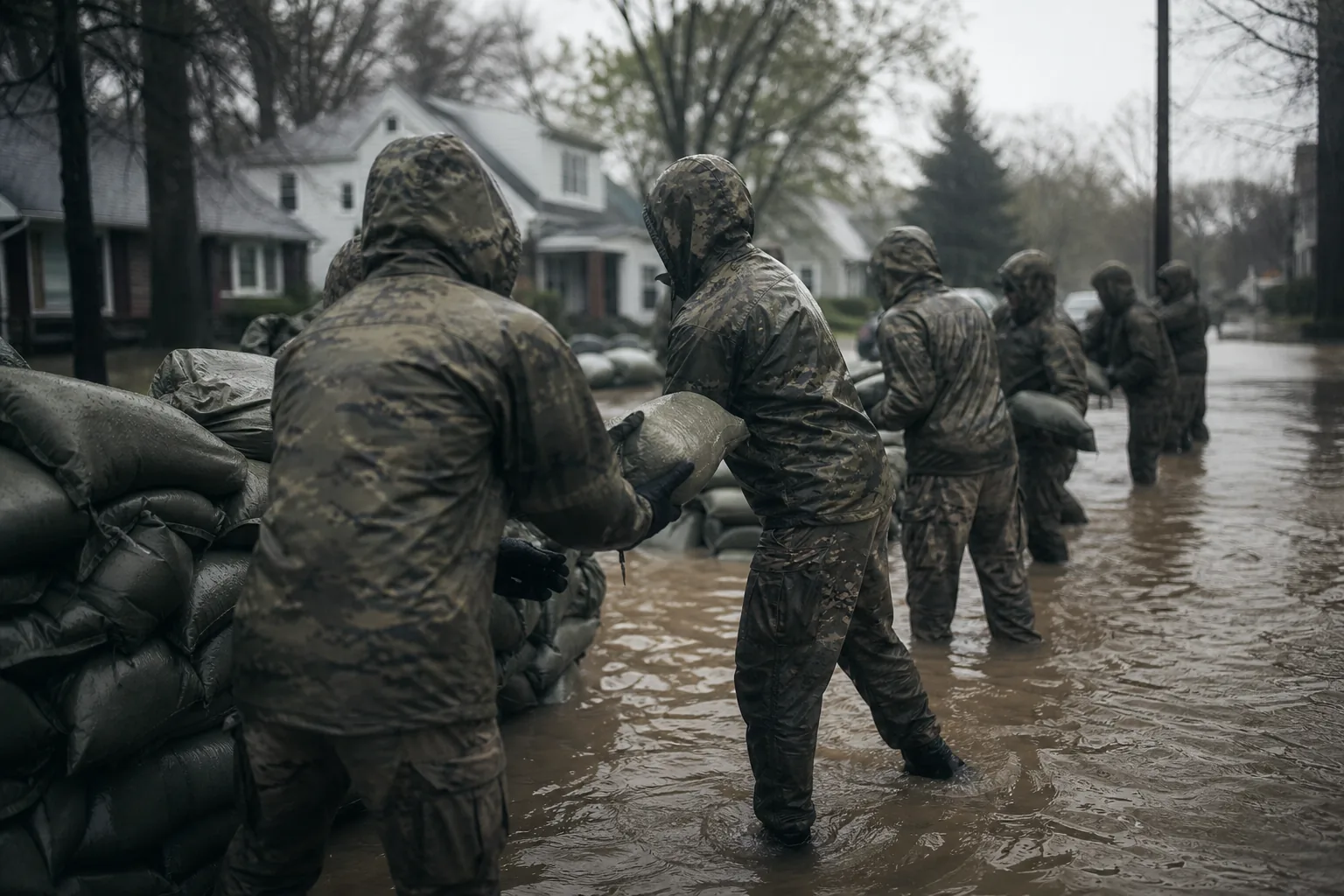 Soldiers passing sandbags along a flooded suburban street in grey rainy light (AI-generated image)