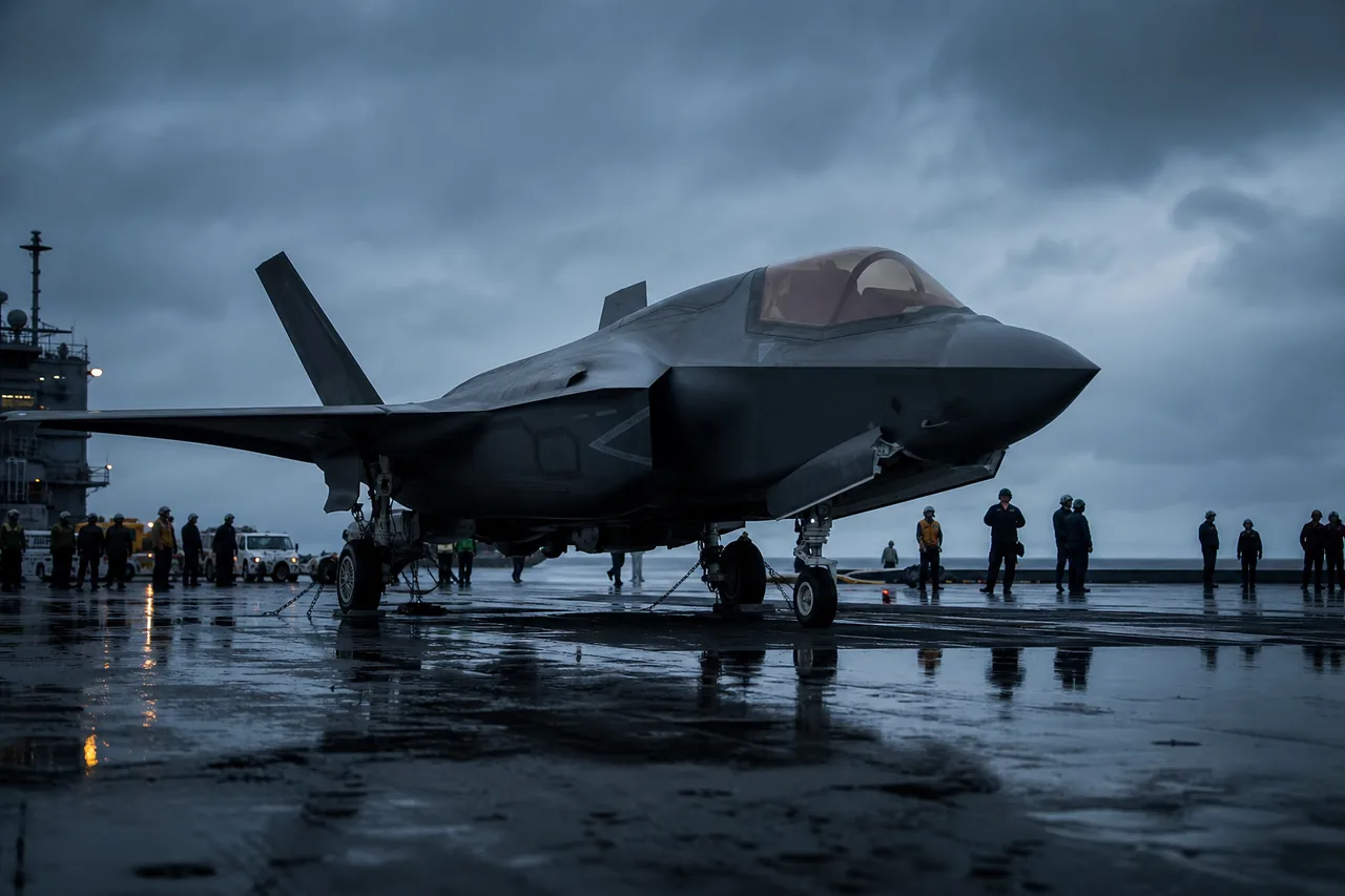 A grey stealth fighter parked on an aircraft carrier flight deck at blue hour (AI-generated image)