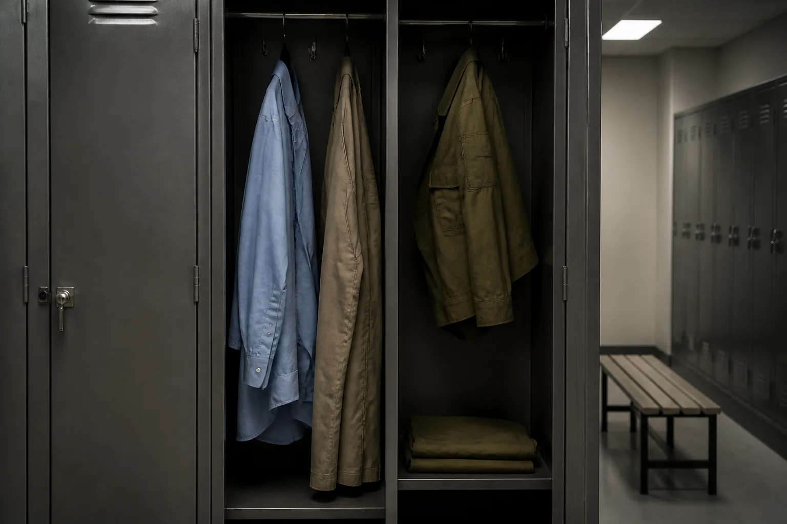 A locker room where civilian work clothes and a folded olive uniform hang on adjacent hooks (AI-generated image)