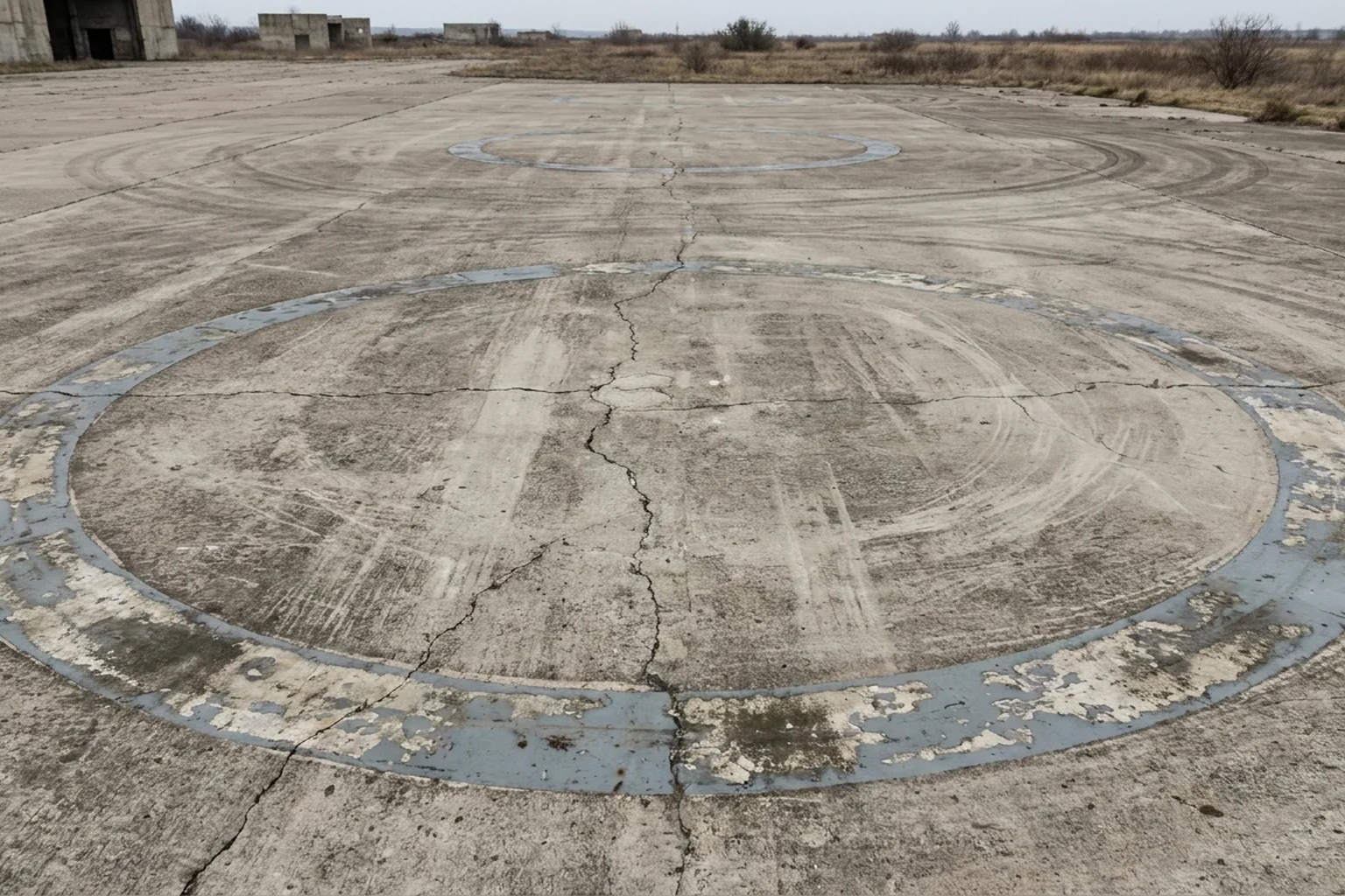 Worn, cracked concrete pavement with multiple faded blue circular markings, tire tracks, and distant abandoned buildings (AI-generated image)