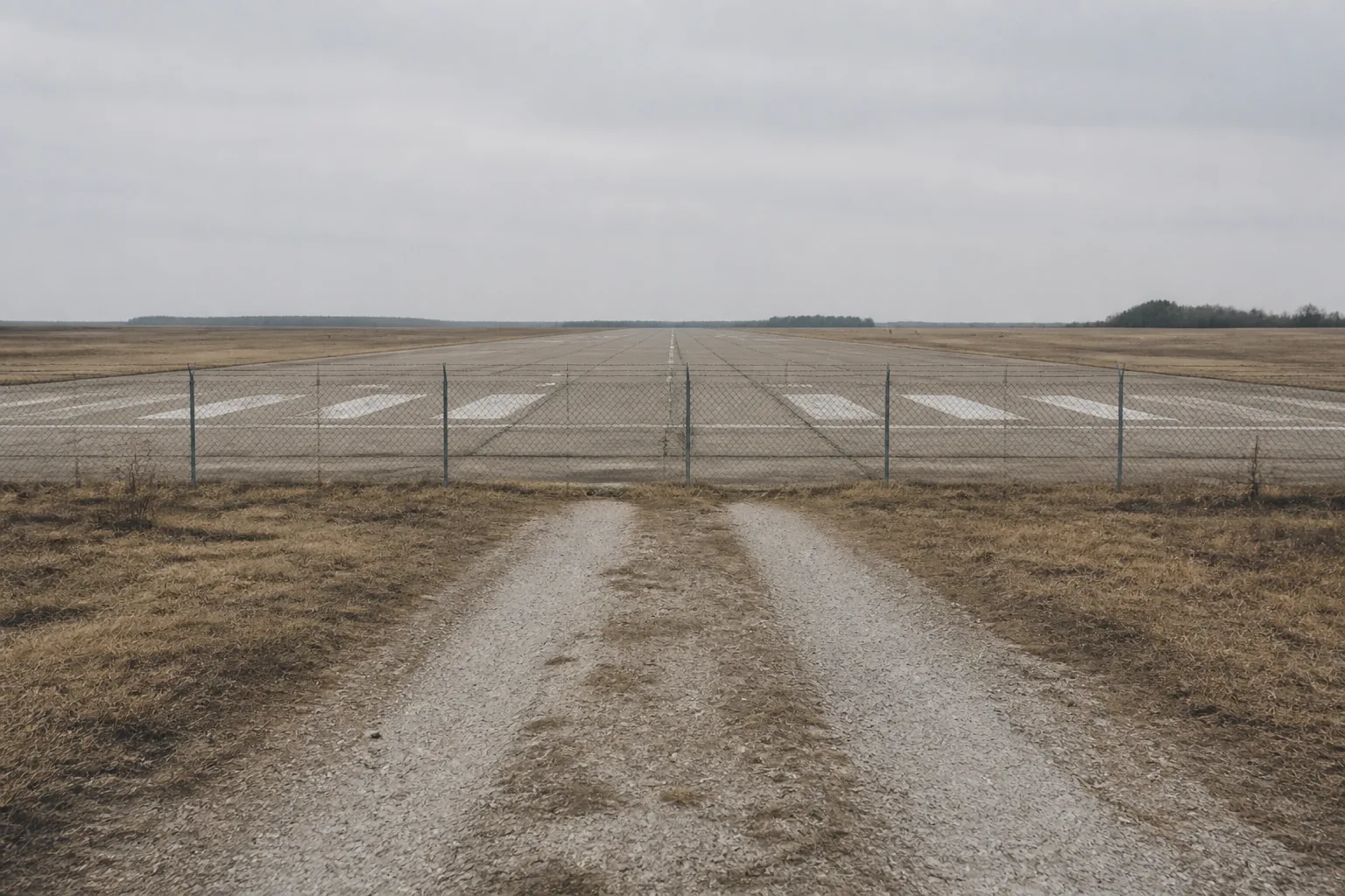 A dirt track ending at a long concrete runway threshold with a chain-link fence between them (AI-generated image)