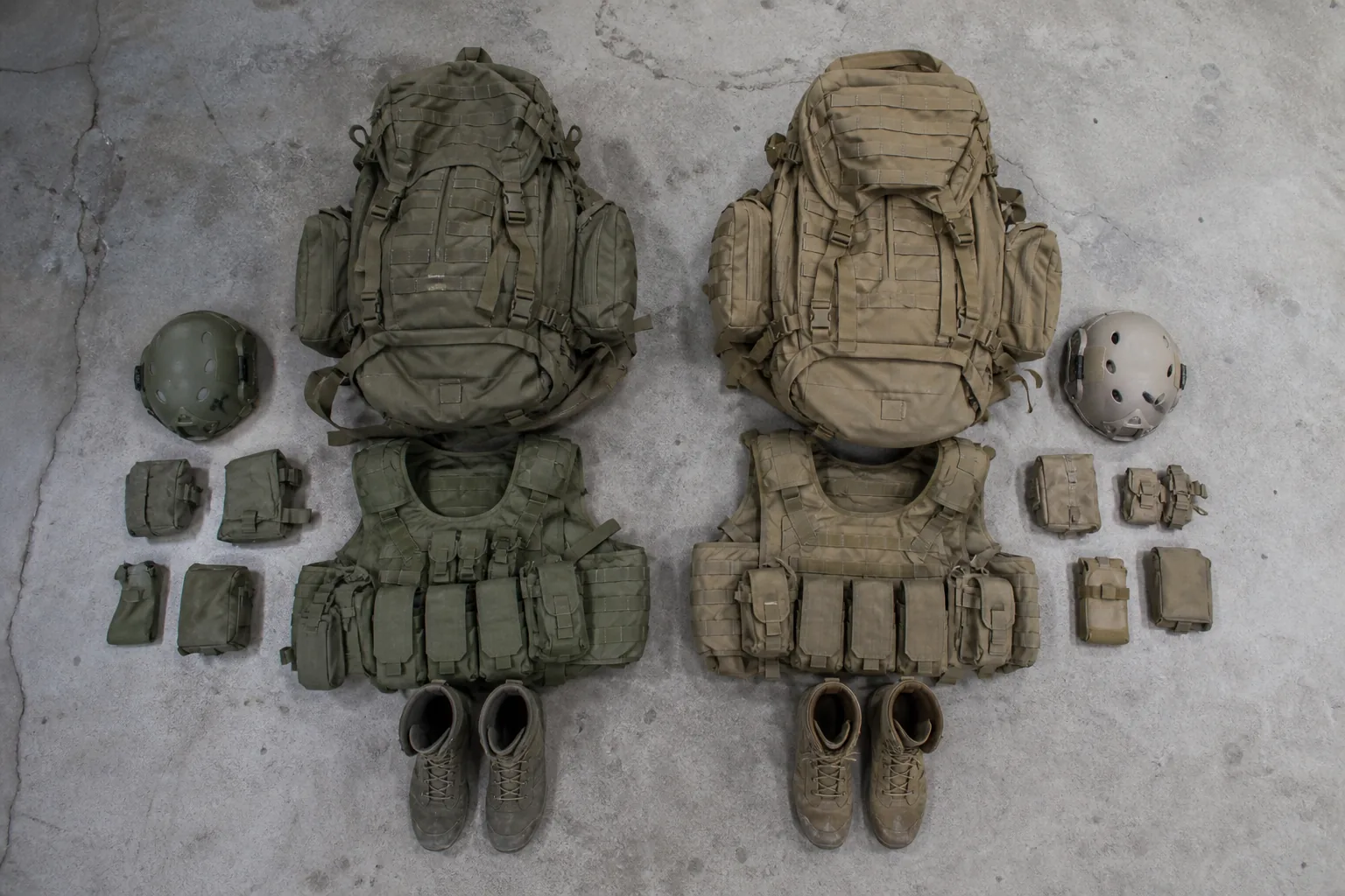 Two sets of field equipment laid out side by side on a concrete floor, shot from directly above (AI-generated image)