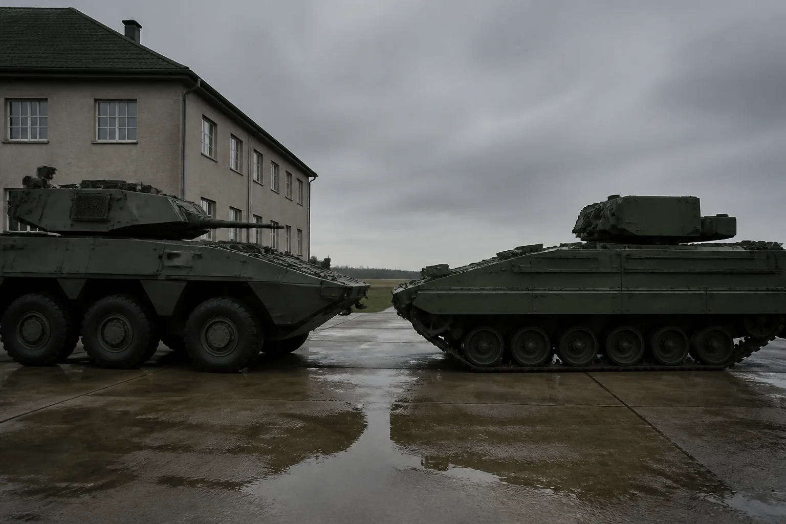 Two military vehicles parked nose to nose on a wet concrete lot under grey overcast (AI-generated image)