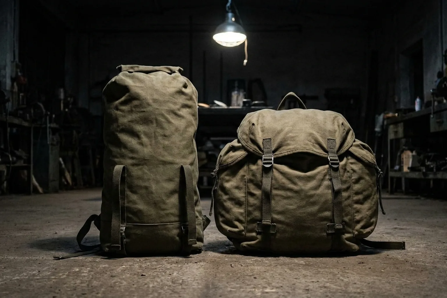 Two olive green canvas bags resting on a dirty concrete floor in a dark workshop (AI-generated image)