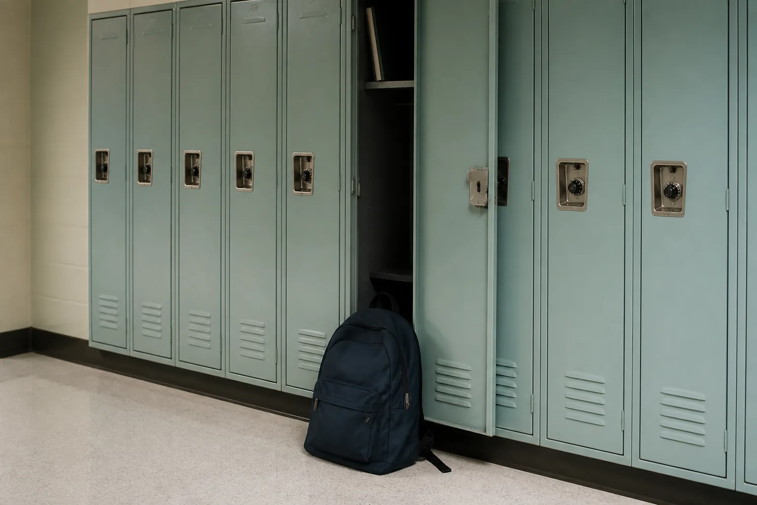 A school corridor of lockers with one door open and a rucksack on the floor beneath it (AI-generated image)