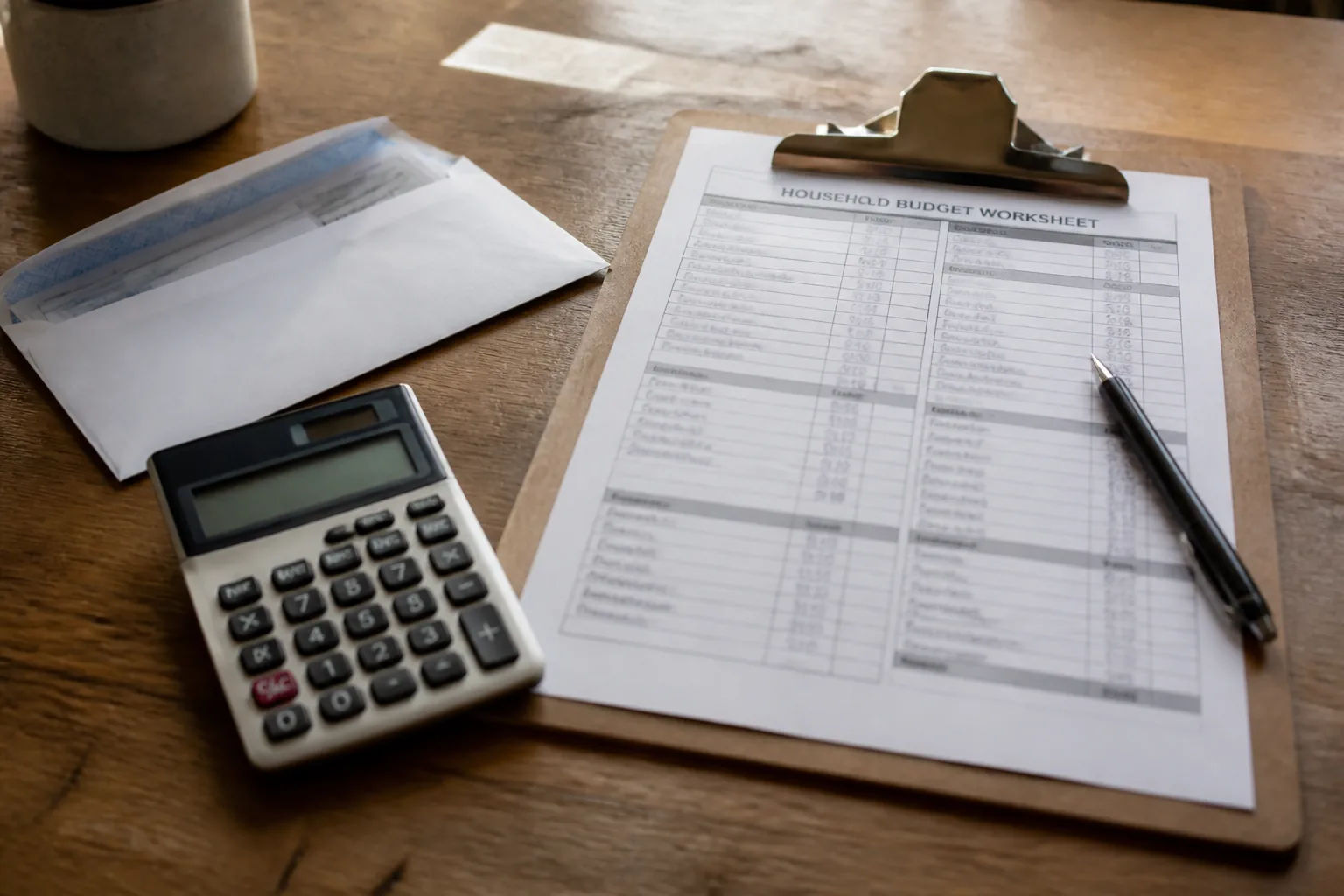 A household budget worksheet on a clipboard beside a calculator and a bank envelope (AI-generated image)