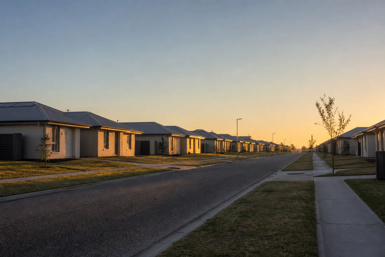 A street of identical base housing units at dawn, low roofs and mown verges, no cars (AI-generated image)