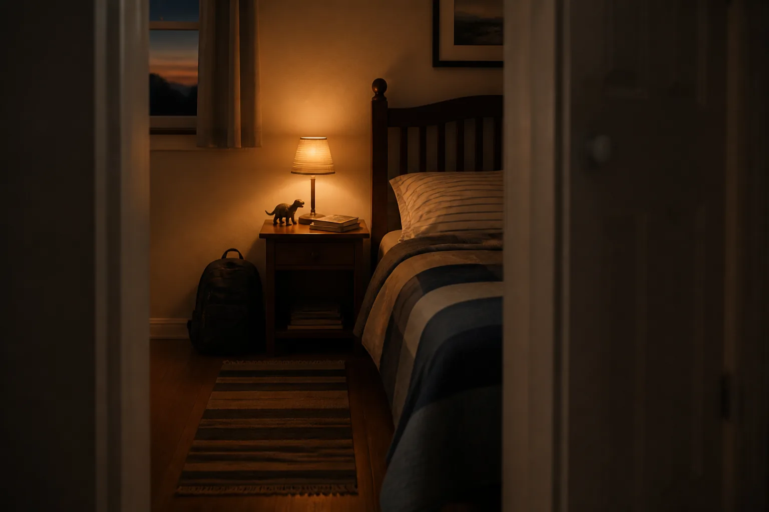 A child’s bedroom doorway at dusk: a made bed, a rucksack against the wall, a nightlight on (AI-generated image)