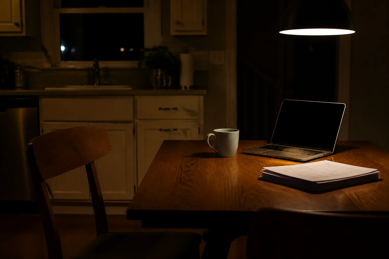 A kitchen table at night with an open laptop beside a mug and a stack of forms, one chair pushed back (AI-generated image)