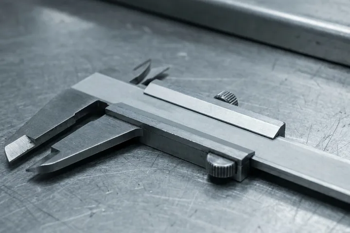 Metallic vernier caliper resting diagonally on a scratched metal surface and blurred bar (AI-generated image)