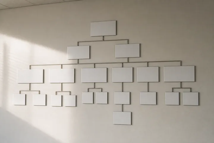 A wall-mounted organisational chart of blank boxes and connecting lines on a plain office wall (AI-generated image)