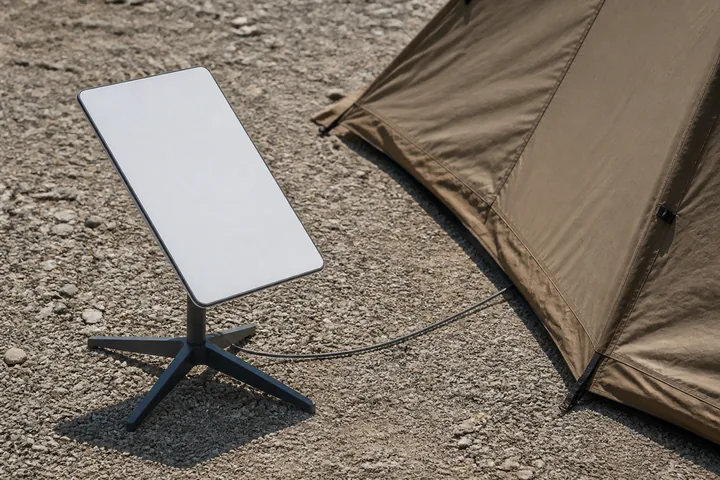 A satellite internet terminal set up on gravel beside a tent, its cable running under the flysheet (AI-generated image)