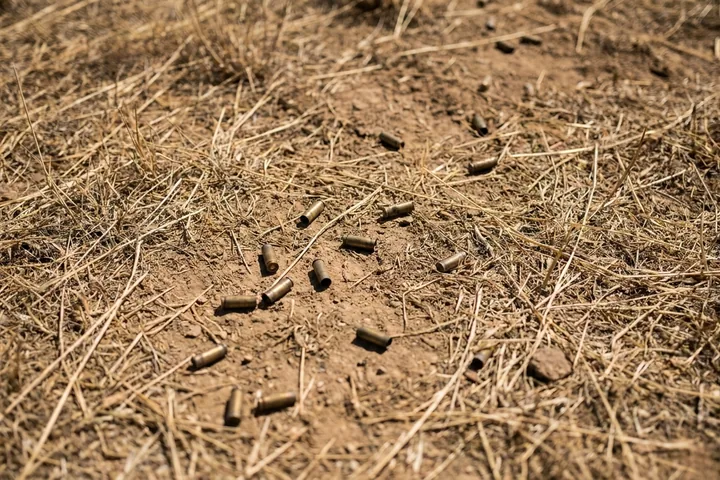 Numerous brass bullet casings scattered across parched earth and dry grass under bright, direct sunlight (AI-generated image)
