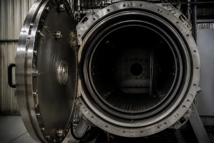 A vacuum chamber door standing open in a test facility, its thick steel ring and bolts lit by industrial lighting (AI-generated image)