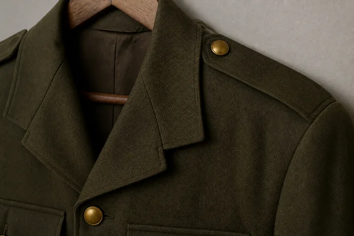 A dress uniform jacket on a wooden hanger against a plain wall, brass buttons and shoulder seam in detail (AI-generated image)