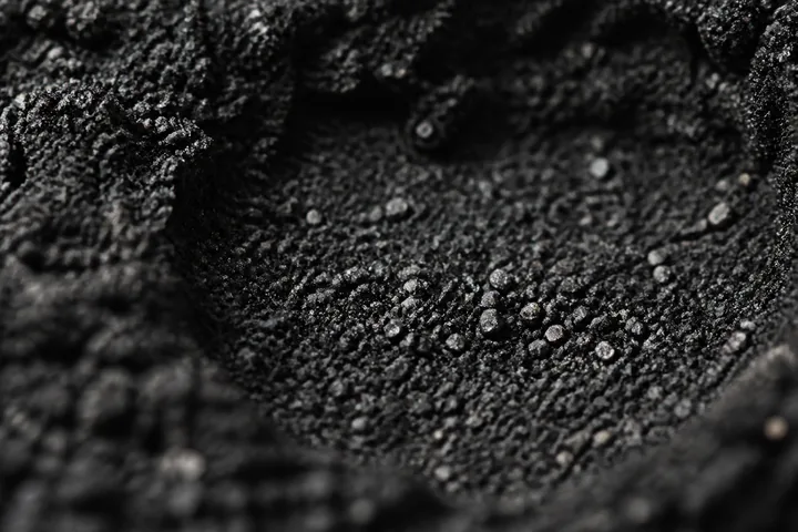 Coarse black volcanic sand in a cupped hollow, individual grains picked out by raking light (AI-generated image)