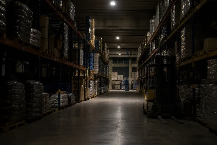 A warehouse interior at night, pallets of supplies under sparse lighting and a forklift parked in an aisle (AI-generated image)