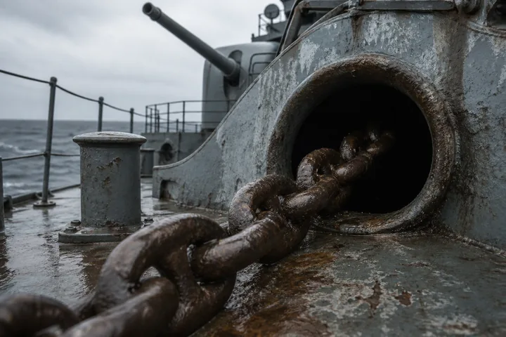 A warship’s anchor chain and hawse pipe seen from the forecastle, salt-stained deck plating around it (AI-generated image)