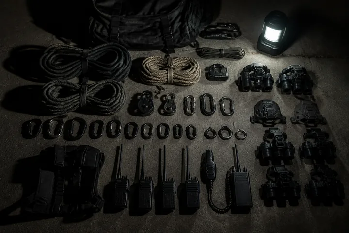 Ropes, carabiners, night-vision mounts and radios laid out in order on a concrete floor under a single work light (AI-generated image)