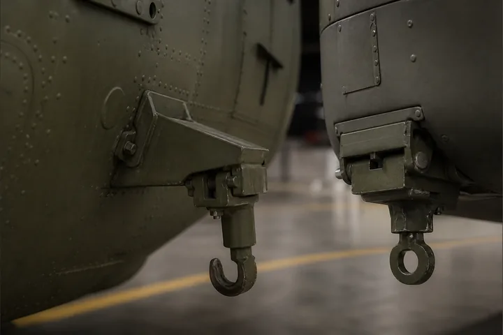 A weapons hardpoint pylon and an empty cargo hook under different helicopter fuselages (AI-generated image)