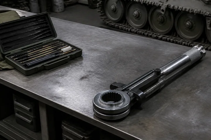 A workshop bench with a rifle cleaning kit at one end and a heavy torque wrench at the other (AI-generated image)