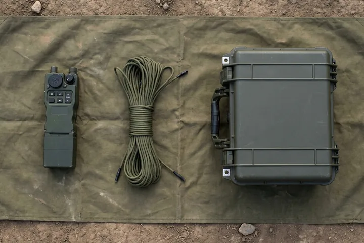 Dark green radio, coiled rope, and hard case arranged horizontally on a rumpled canvas mat over dirt ground (AI-generated image)