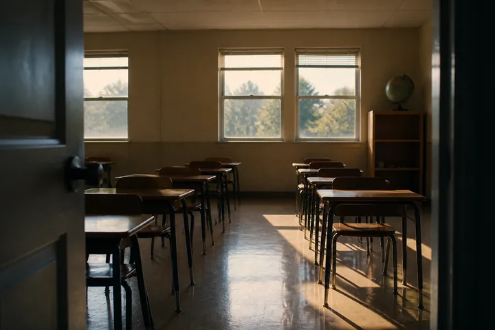 An empty classroom seen from the doorway, desks in rows and a globe on a shelf (AI-generated image)