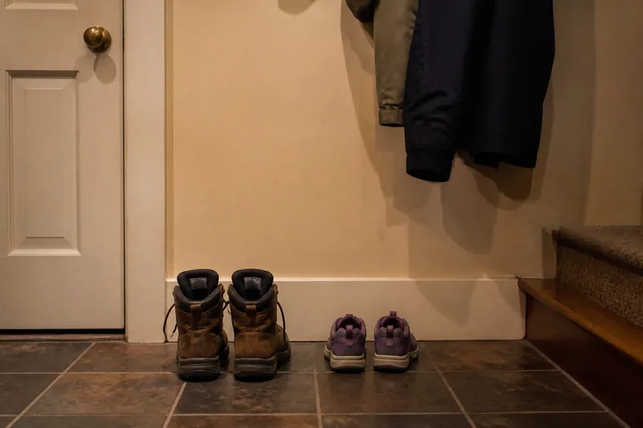Two pairs of shoes by a front door, one adult and one child’s, a coat hook above them (AI-generated image)