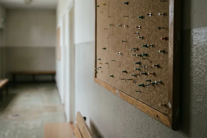 A brown cork bulletin board covered with colourful thumbtacks, mounted on a textured wall (AI-generated image)