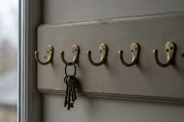 Five brass hooks with a ring of keys hanging from one, mounted on a weathered grey wooden board beside a daylit window frame (AI-generated image)