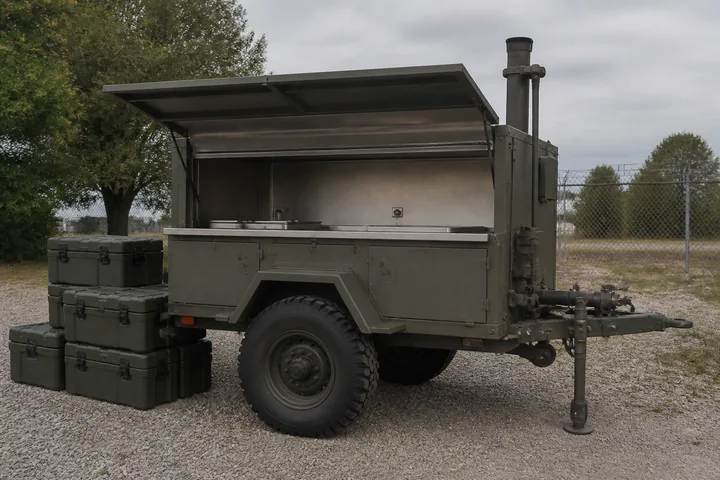 A field kitchen trailer on gravel with its serving hatch open and insulated containers stacked beside it (AI-generated image)