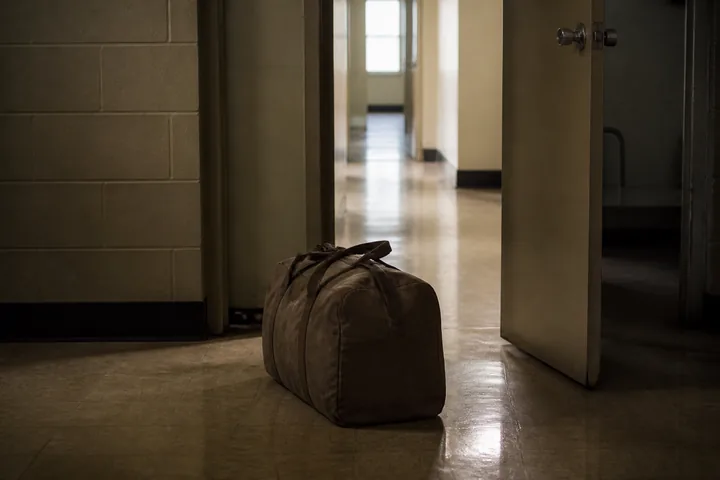 A zipped duffel bag standing alone by an open barracks door, the room behind it stripped bare (AI-generated image)