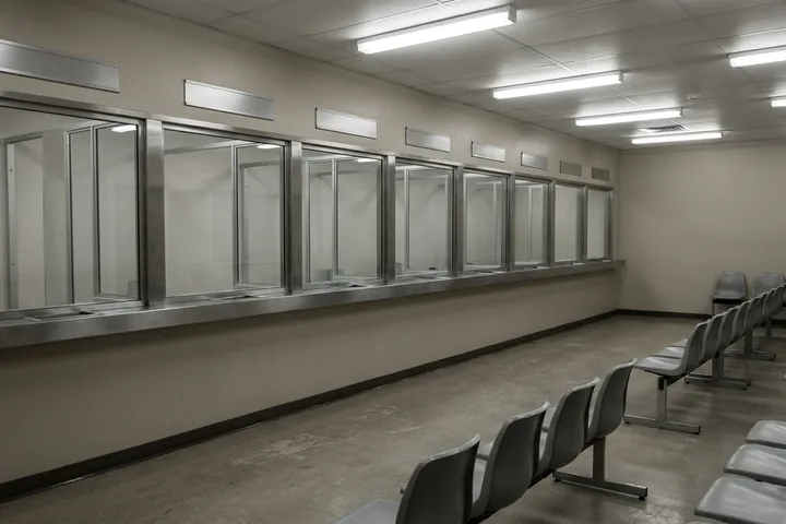 A long row of empty glass and metal service windows with grey plastic chairs on a concrete floor (AI-generated image)