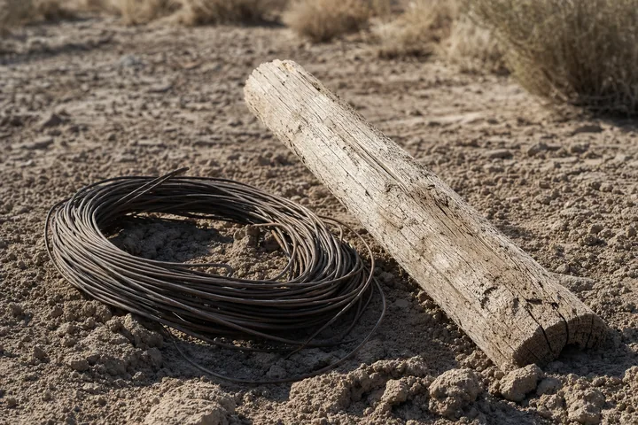 A coil of field communication wire and a weathered wooden range marker post on churned desert ground (AI-generated image)