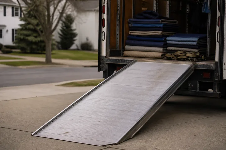 A household-goods truck ramp lowered onto a driveway, moving blankets and straps stacked at the tailgate (AI-generated image)
