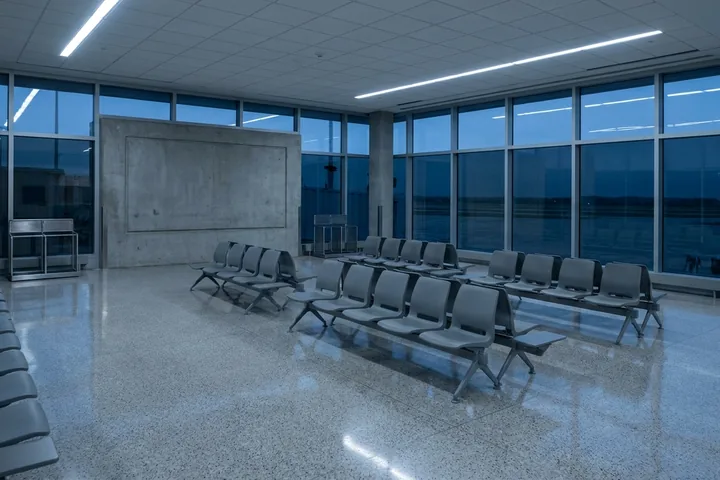 Rows of empty grey waiting chairs on a polished terrazzo floor in a windowed airport terminal (AI-generated image)
