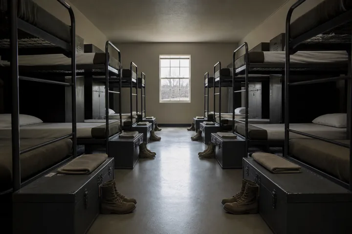 A barracks bay at dawn: two rows of made bunks, footlockers aligned and boots placed identically (AI-generated image)