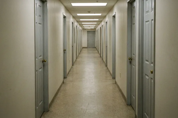 Long, brightly lit hallway with cream walls, receding grey paneled doors, brass doorknobs, and a light brown tiled floor (AI-generated image)